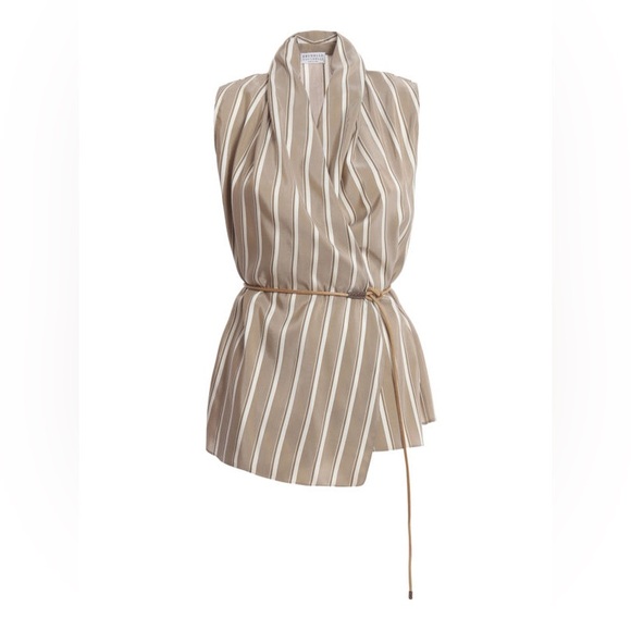 Brunello Cucinelli Tops - BRUNELLO CUCINELLI Striped silk top (open front) w leather belt Dark Beige Small